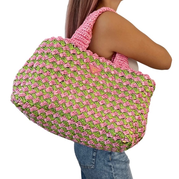 Prada raffia pink & green large tote bag - Picture 1 of 6